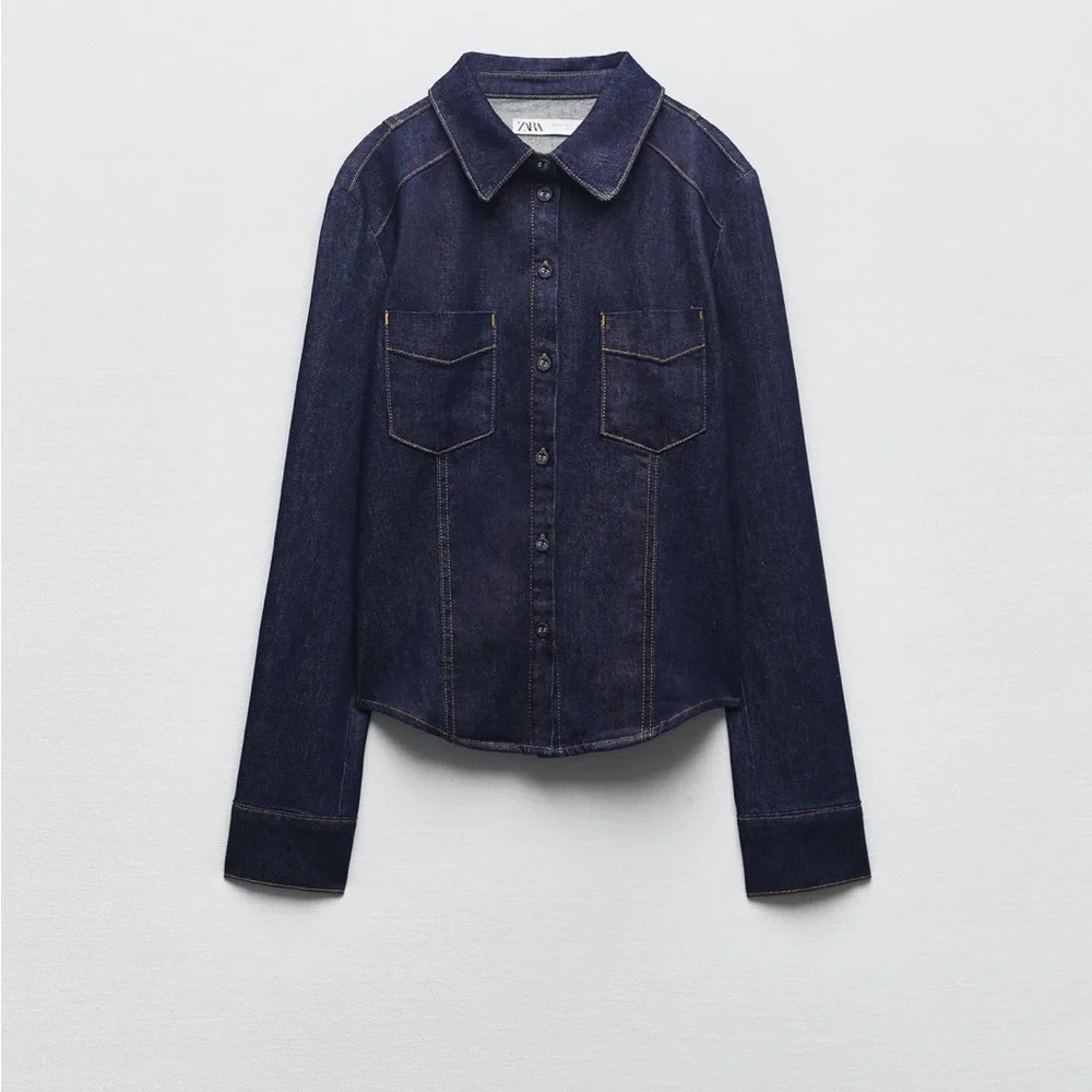 Zara FITTED DENIM SHIRT. Blue. Size S. New with Tags. - Picture 4 of 7
